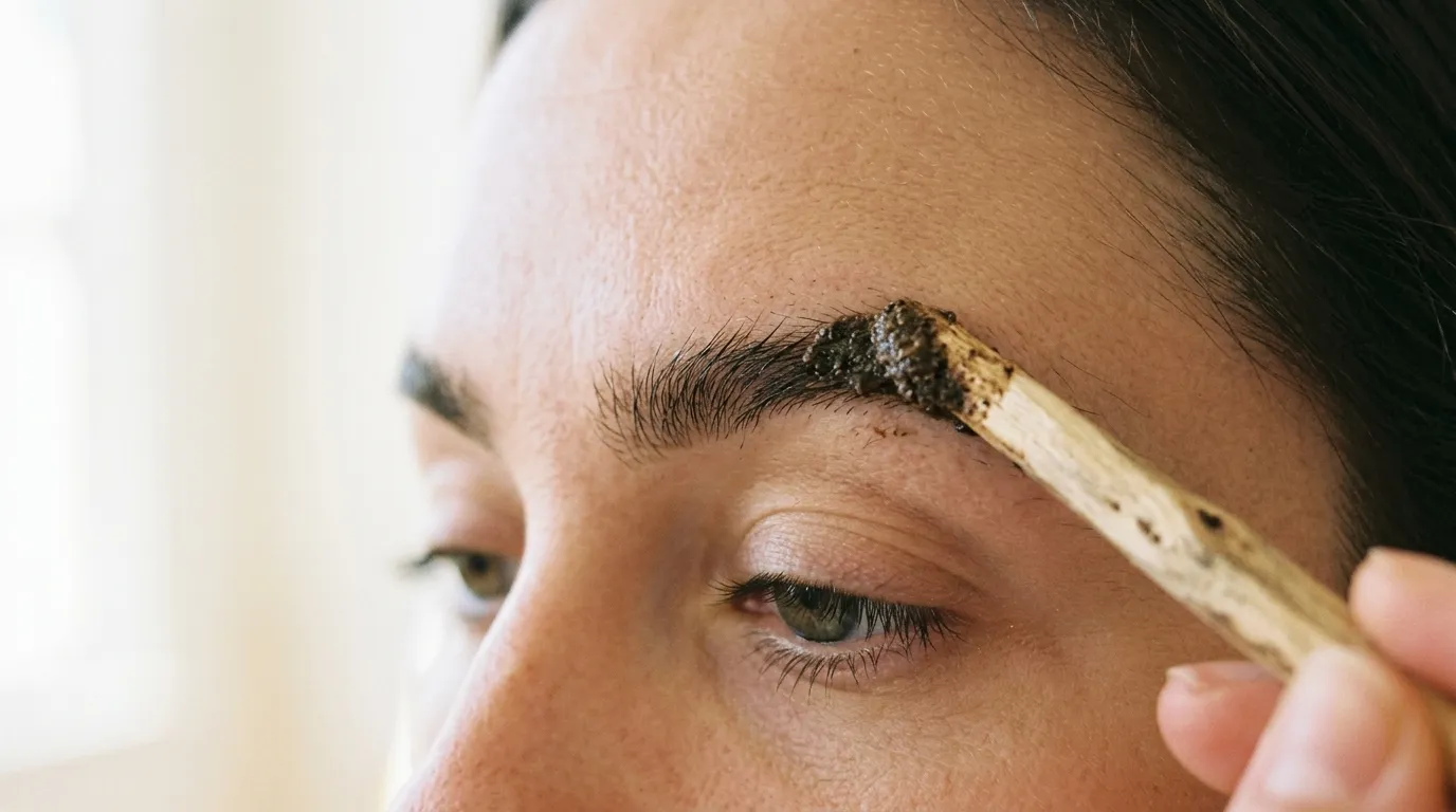 Detailní záběr na aplikaci barvicí pasty na obočí pomocí dřevěné špachtle
