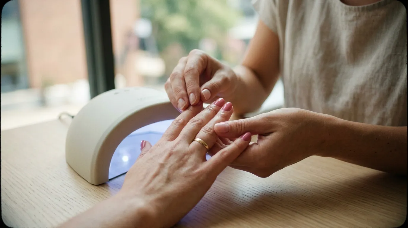 Detailní záběr na vytvrzování gelových nehtů v profesionální UV lampě v salonu