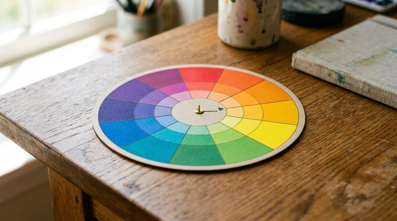 Detailní pohled na profesionální barevný kruh a kolorimetrické pomůcky na stole