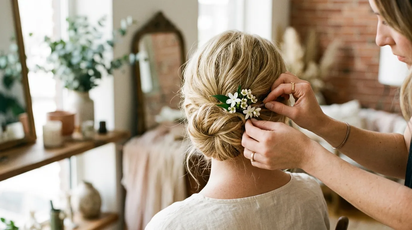 Detailní záběr na ruce kadeřnice, která upevňuje bílou květinu do drdolu nevěsty