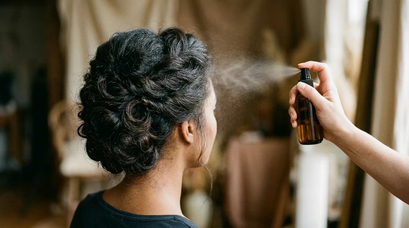 Profesionální stylista aplikuje fixační sprej na složitý svatební výčes