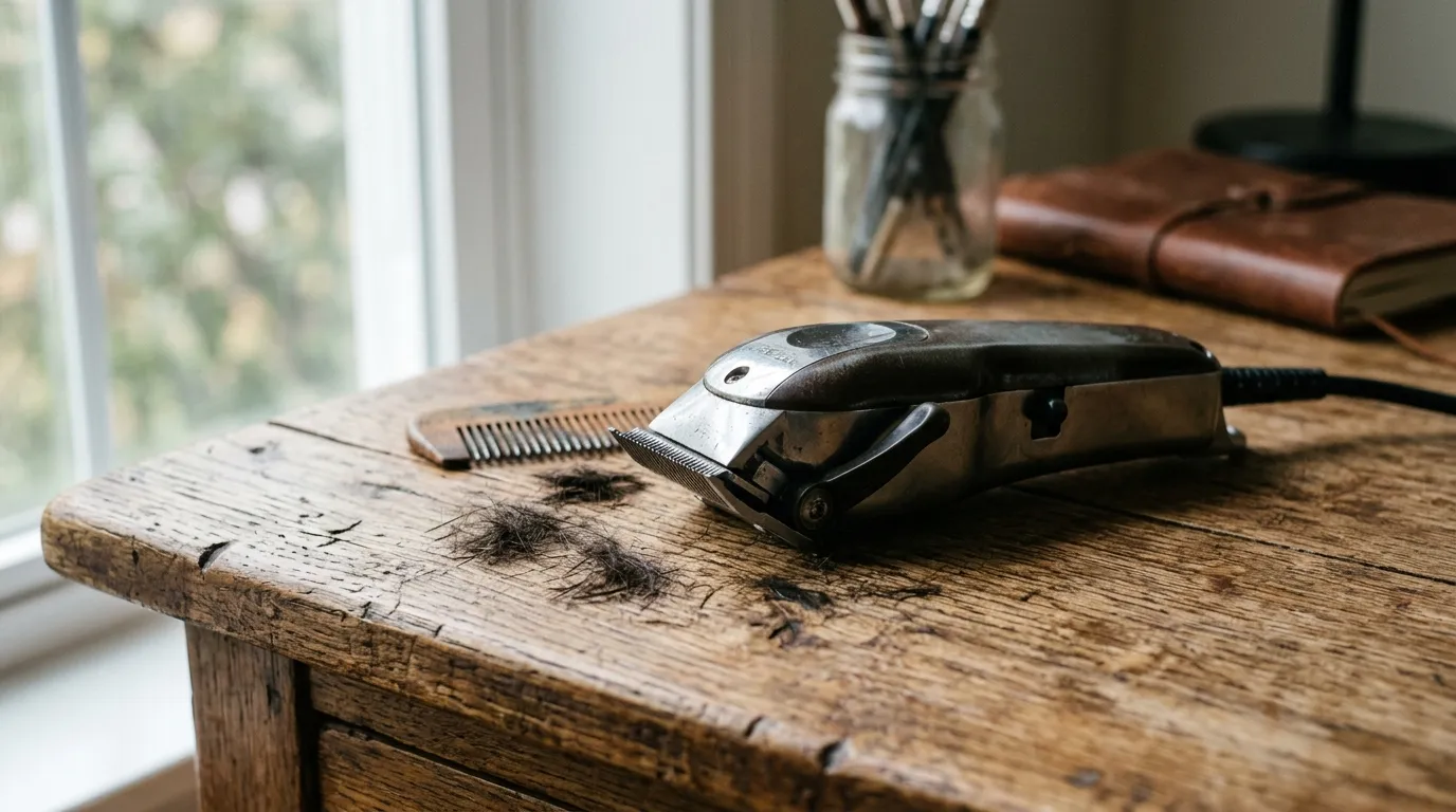 Profesionální kadeřnické strojky položené na dřevěné pracovní desce