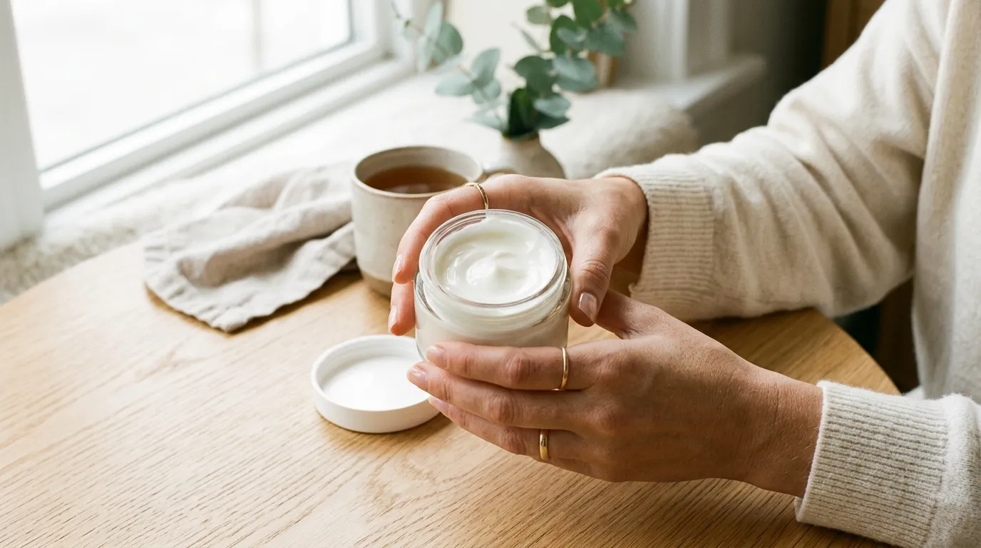 detailní pohled na ruce držící otevřenou dózu s bílým pleťovým krémem