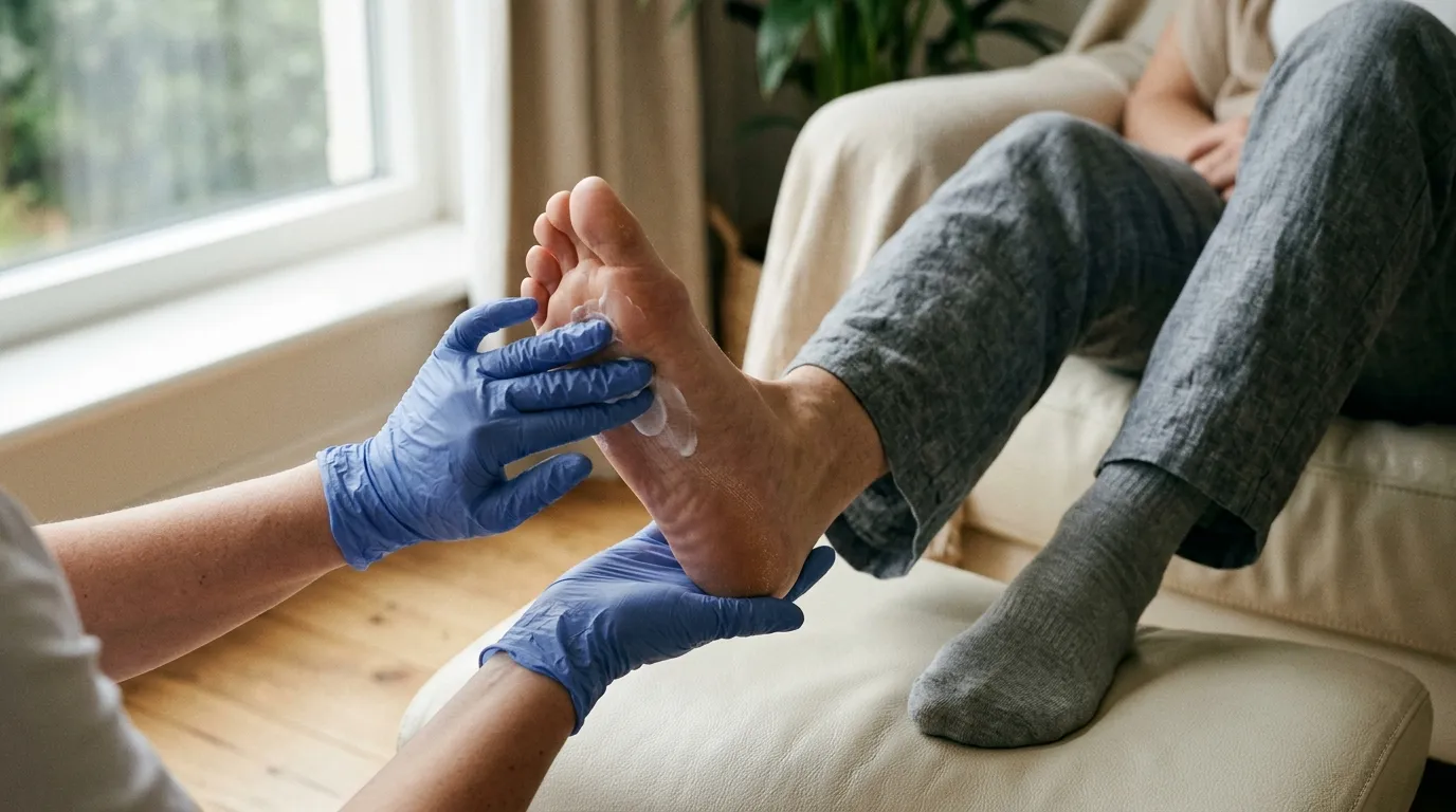 Profesionální aplikace krému s ureou na plosku nohy v rukavicích