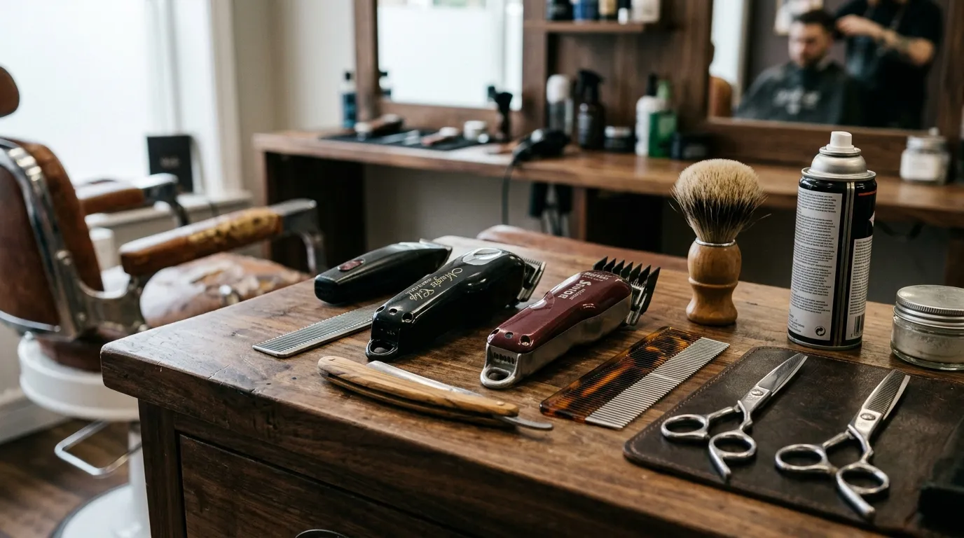Profesionální kadeřnické nástroje a strojky uspořádané na dřevěné pracovní ploše