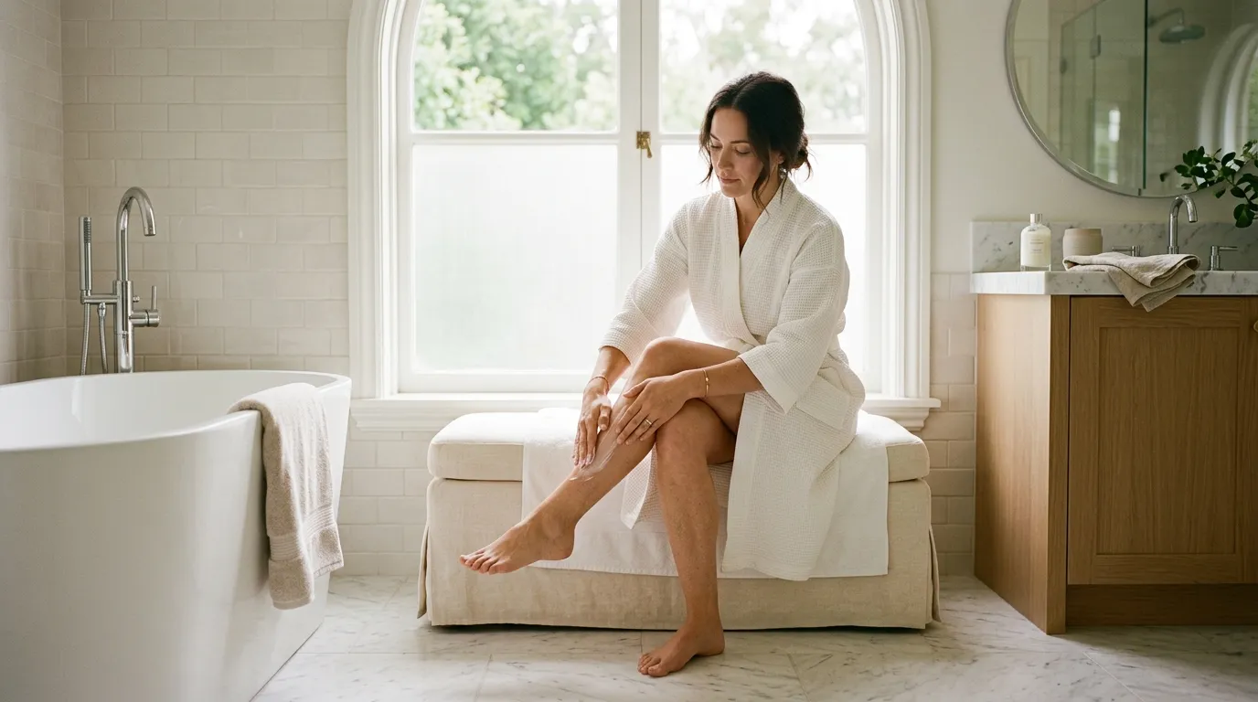 Žena si v prosvětlené koupelně nanáší pečující krém na stehna