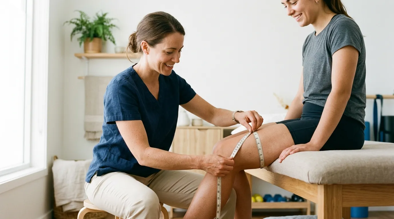 Terapeut měřící obvod stehna klientky krejčovským metrem pro dokumentaci výsledků