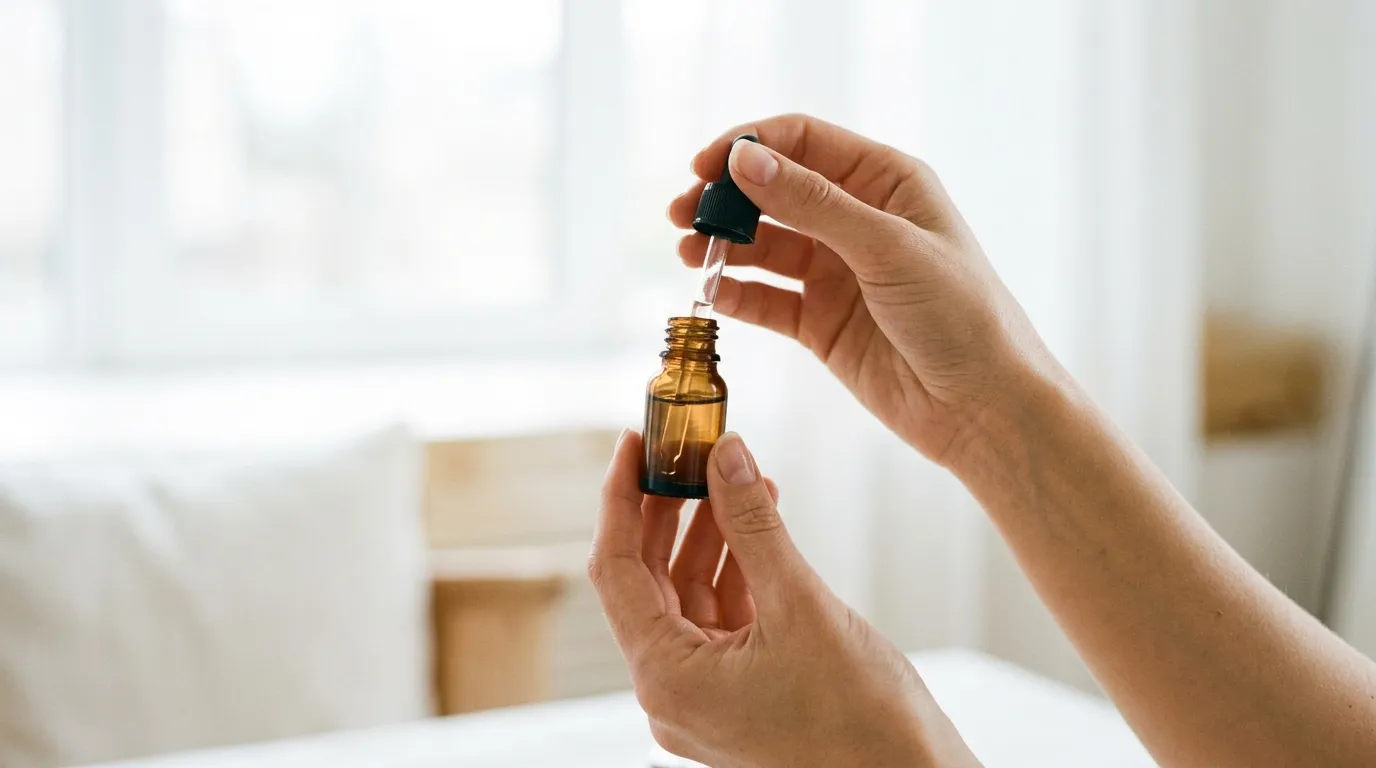 Ruce držící malou skleněnou lahvičku s kosmetickým kapátkem