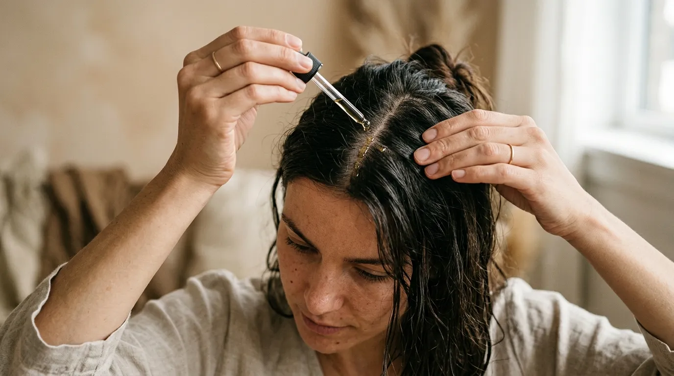 Detailní záběr ženy aplikující kapky oleje přímo na pokožku hlavy pomocí pipety