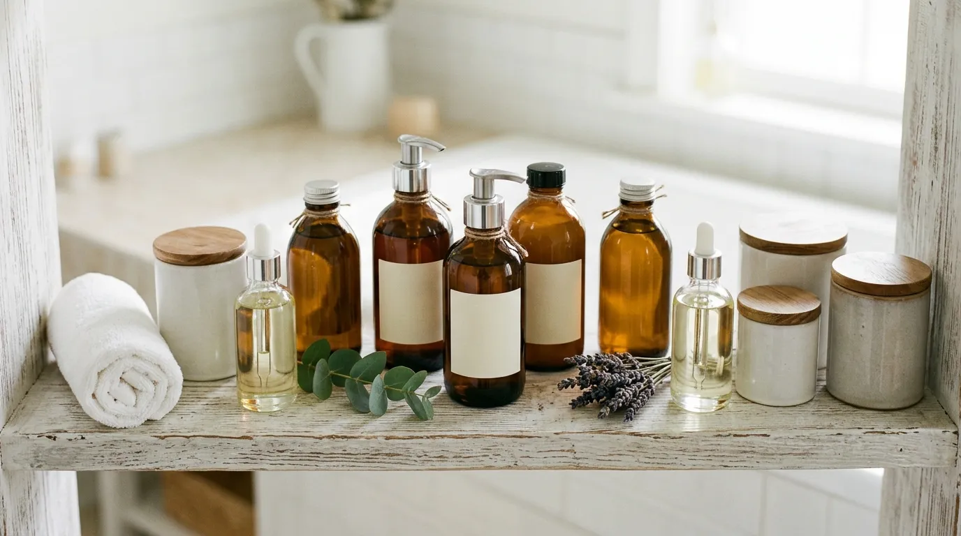 Pohled shora na řadu profesionálních lahviček s vlasovou kosmetikou na poličce