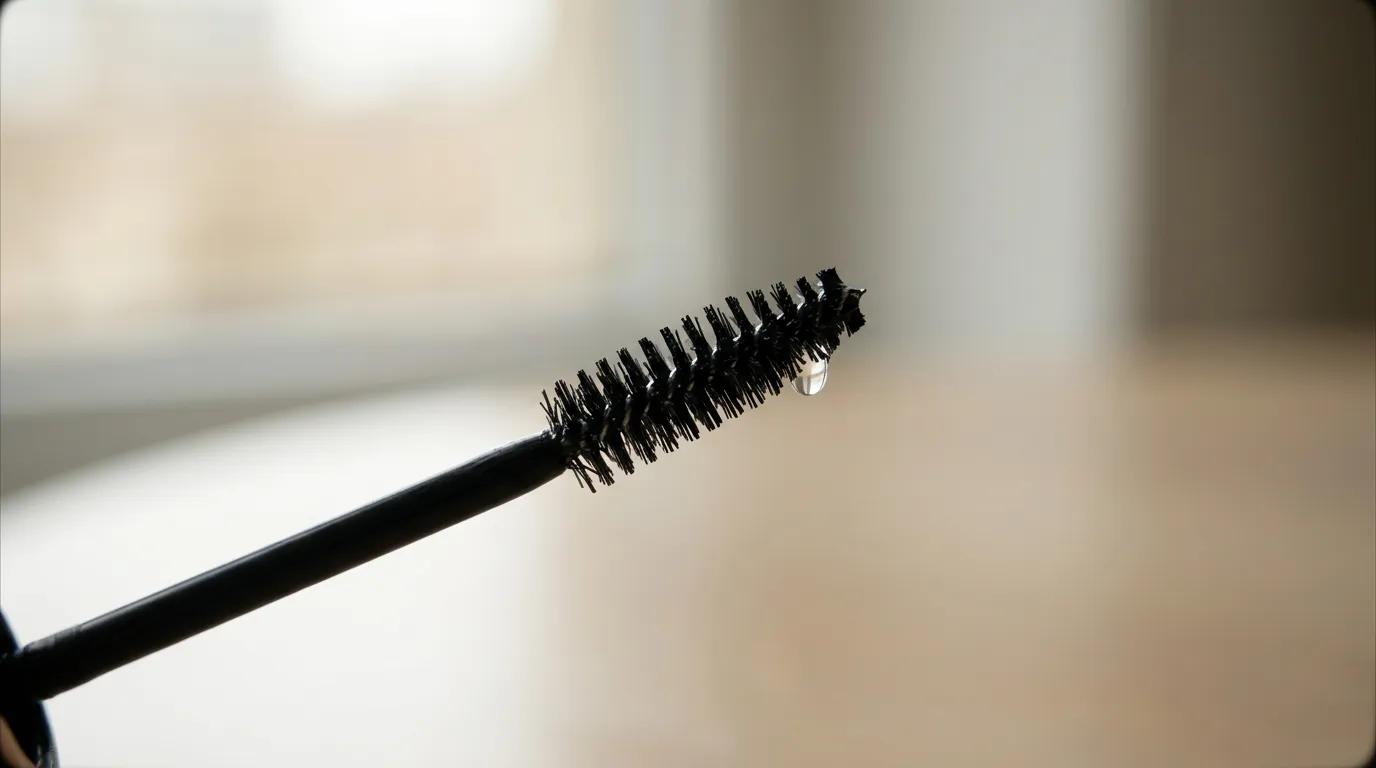 Makro detail štětečku na sérum s kapkou čiré tekutiny na špičce