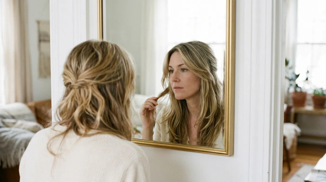 Žena s blond stupňovitě sestříhanými vlasy si prohlíží svůj účes v zrcadle