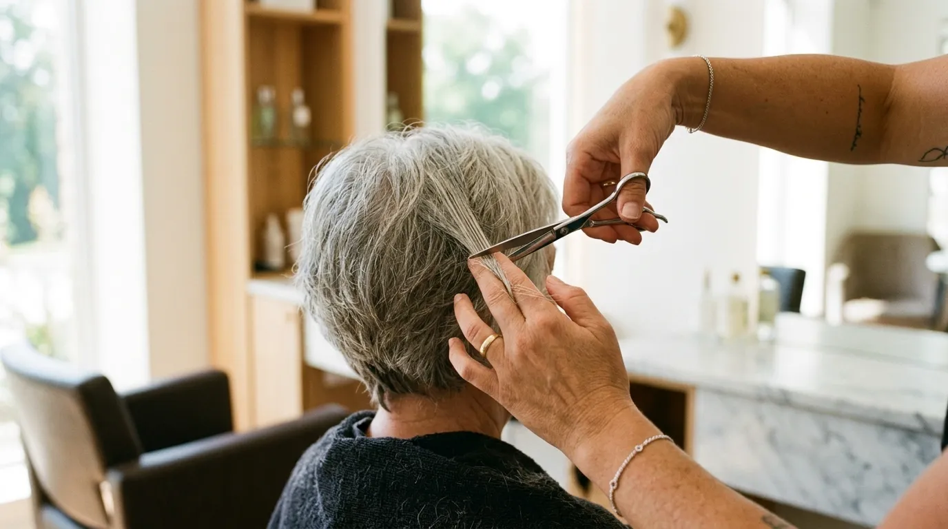 Detailní pohled na ruce kadeřníka stříhajícího pramen šedivých vlasů