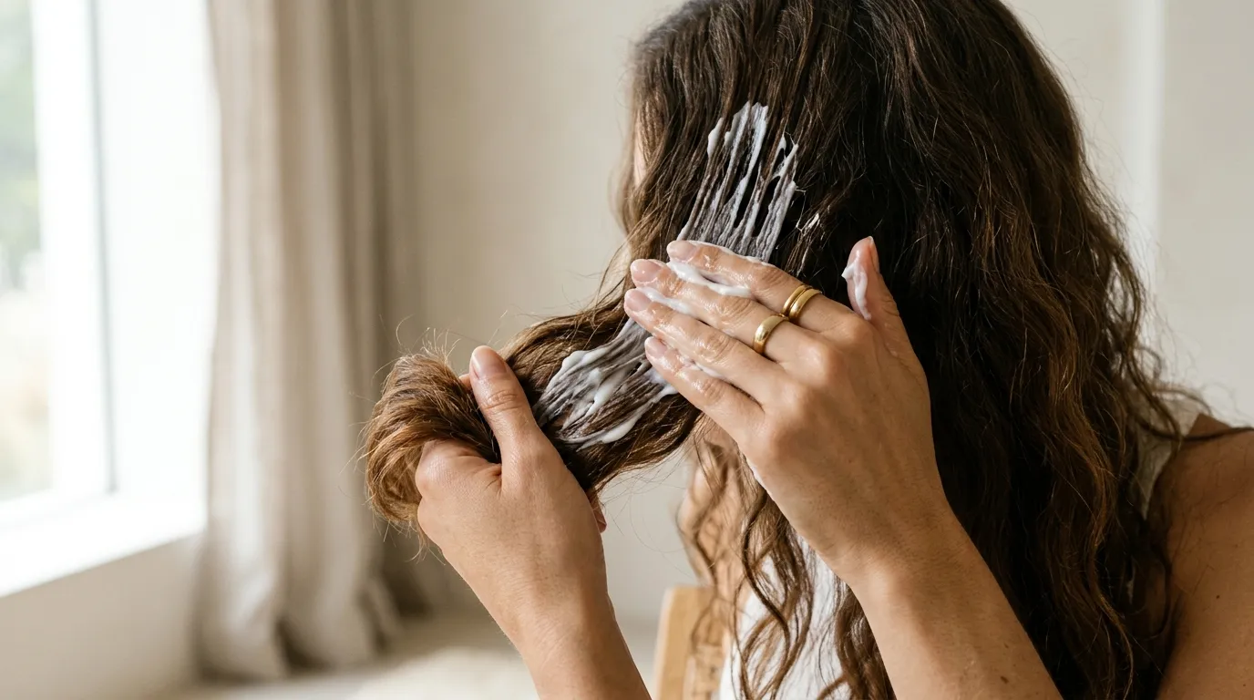 ruce nanášející hustý bílý krém na prameny hnědých vlasů