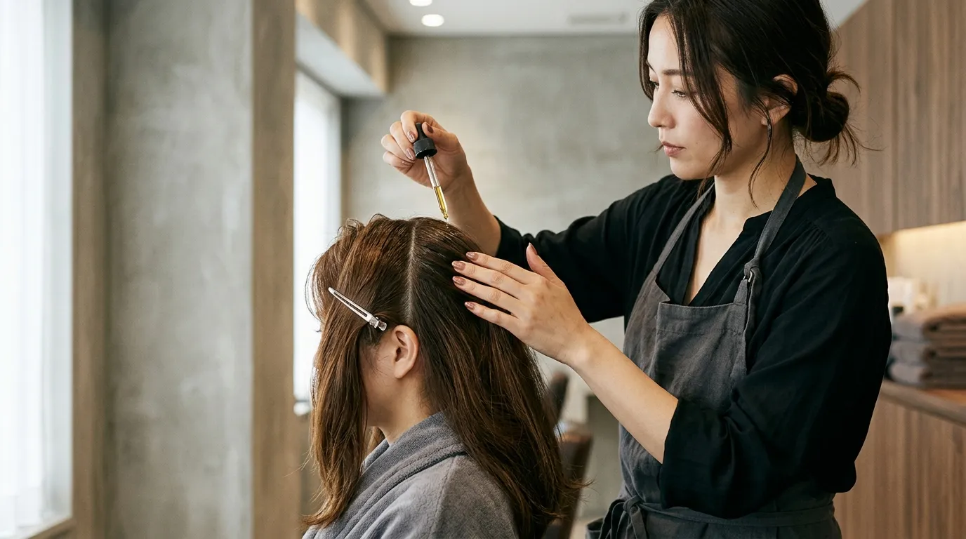 Kadeřník precizně aplikuje olej na pokožku hlavy klienta během procedury