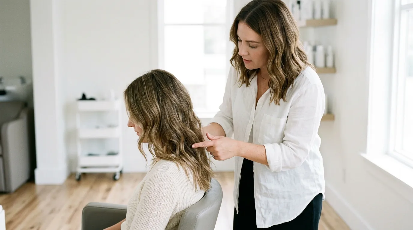 Kadeřník vysvětlující strukturu vlasů klientce během odborné konzultace v salonu