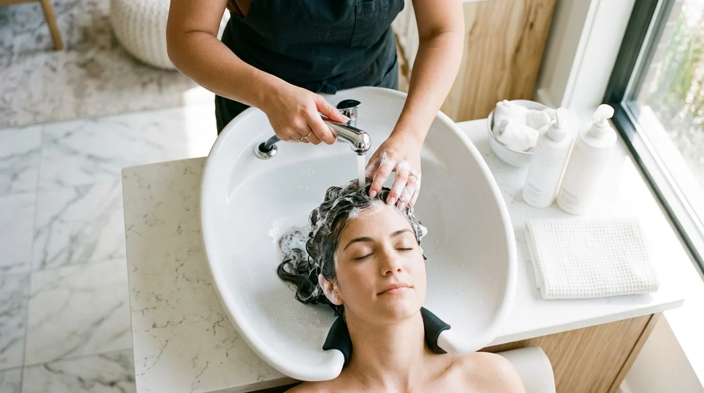 Pohled shora na kadeřníka myjícího vlasy klientce v profesionálním umyvadle