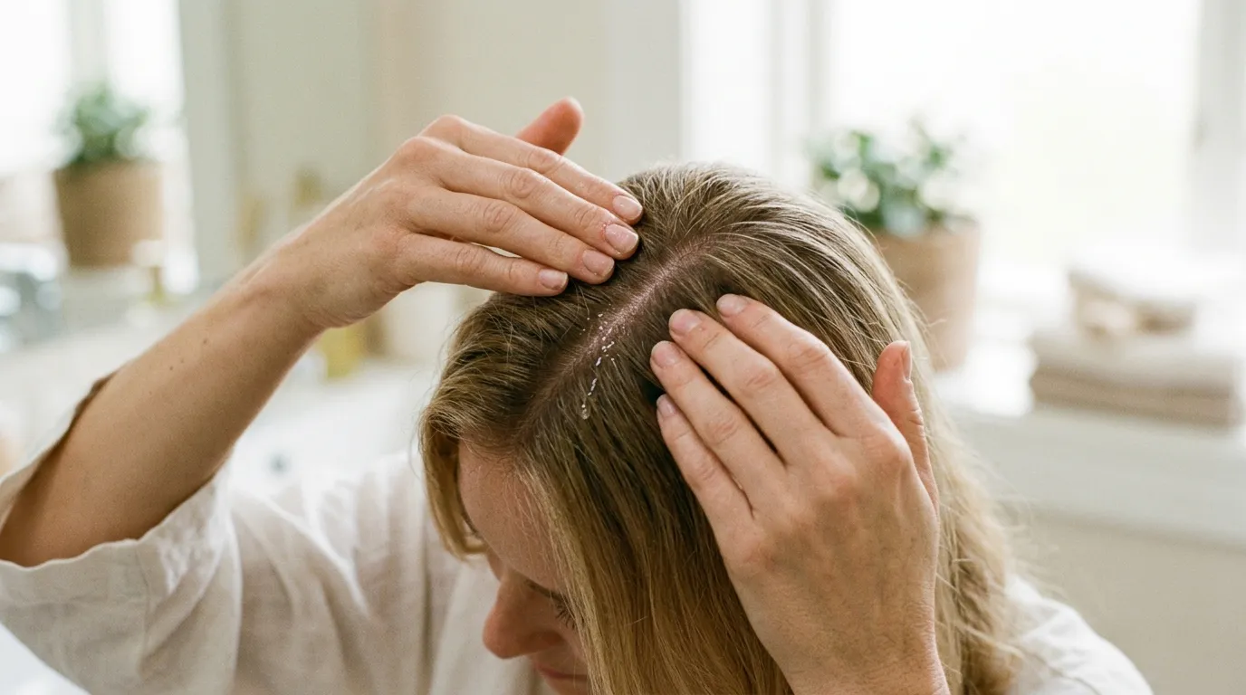 detailní záběr rukou aplikujících tekutinu na pokožku hlavy
