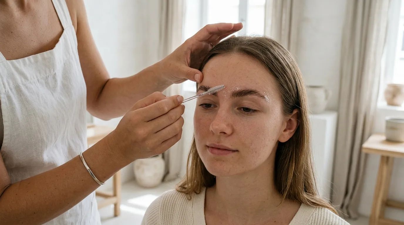 Kosmetička nanáší fixační gel na obočí klientky pomocí malého štětečku