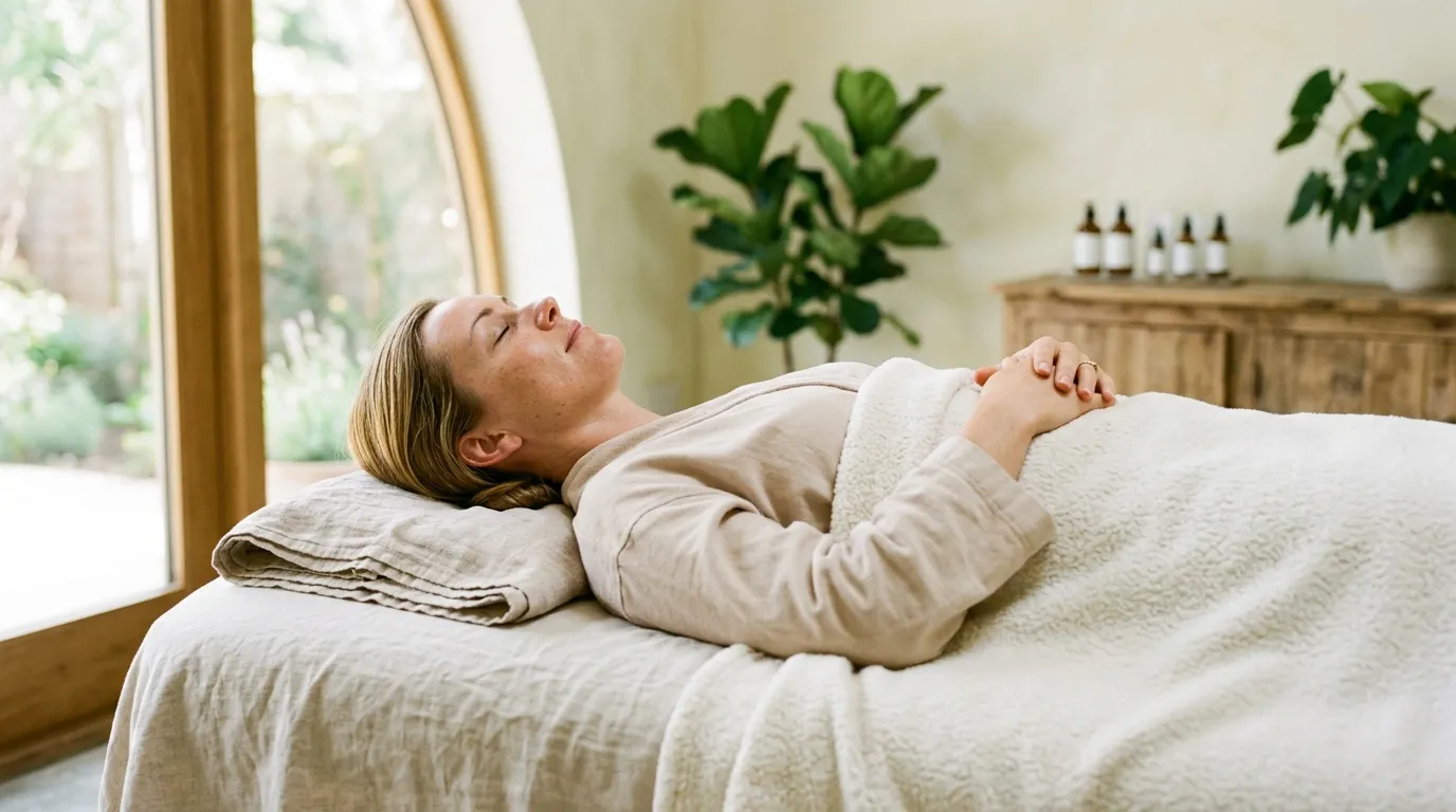 Žena relaxující na lehátku v moderním světlém kosmetickém salonu během procedury
