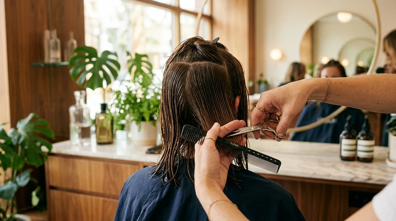 Profesionální stylista oddělující sekce vlasů pro stupňovitý střih