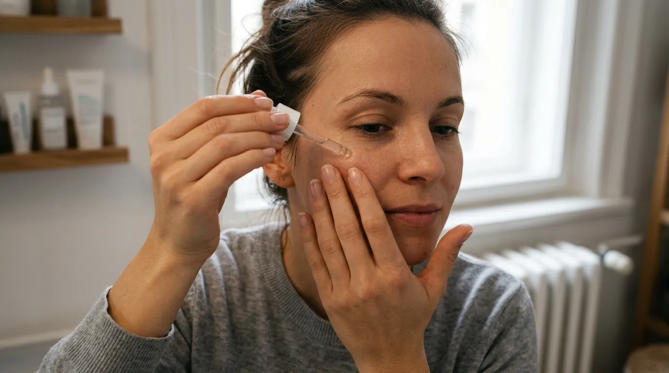 Žena si jemně nanáší krém na obličej v koupelně.