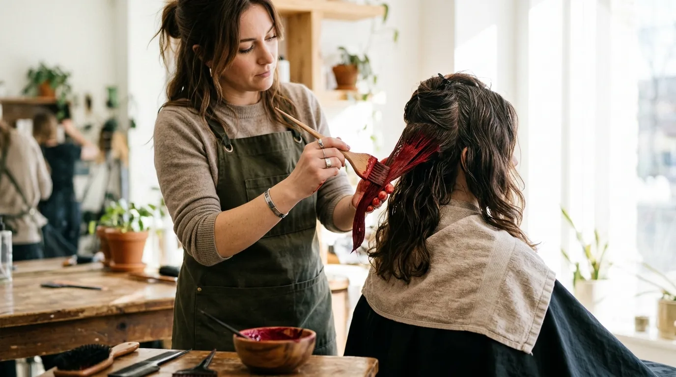 stylista nanášející červený pigment na pramen vlasů štětcem