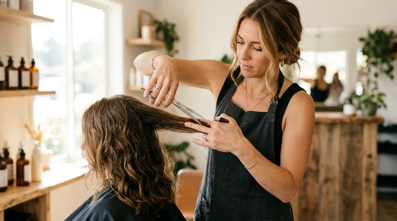 stylista držící sekci vlasů mezi prsty připravený k point cuttingu