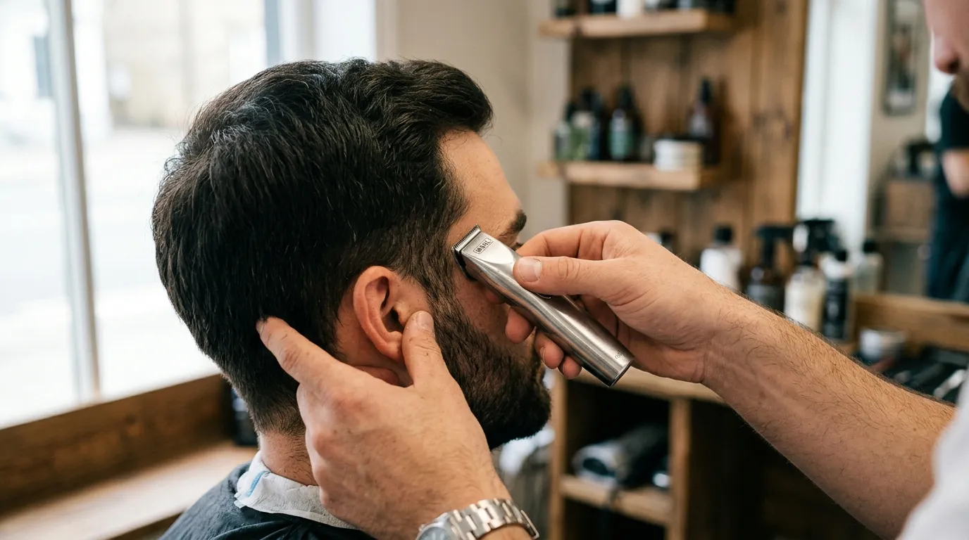 Ruce barbera používající malý zastřihovač k vytvoření kontury u kotlety
