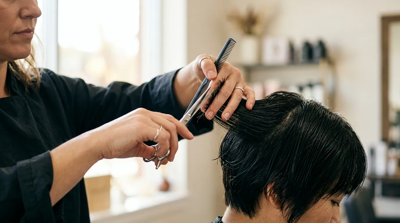 Profesionální stylista držící nůžky a hřeben nad tmavými vlasy klienta