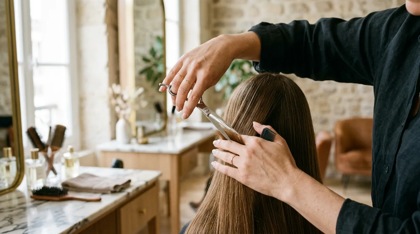 Detailní záběr na ruce kadeřníka stříhajícího rovnou linii vlasů nůžkami