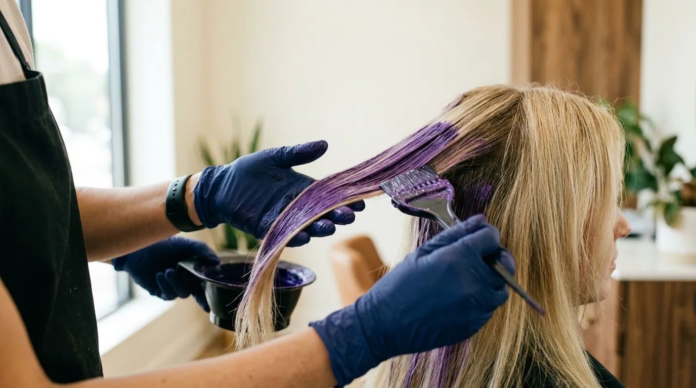 Ruce kadeřníka nanášející fialovou barvu štětcem na pramen blond vlasů