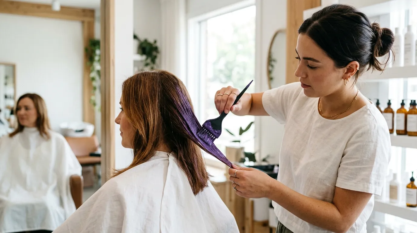 stylista nanášející fialovou barvu na pramen vlasů štětcem