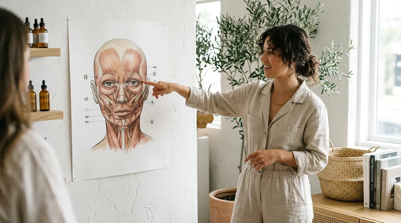 stylista vysvětlující morfologii obličeje na anatomickém schématu